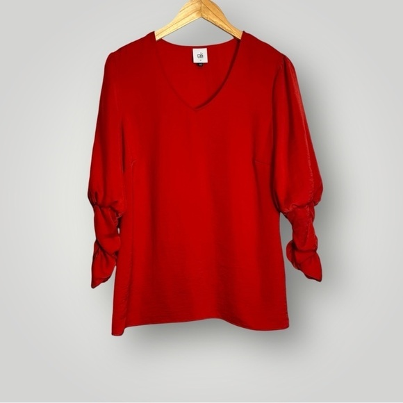 CAbi Aurora Cinch Sleeve Blouse Size Medium V Neck Bright Red Polyester - Picture 5 of 12